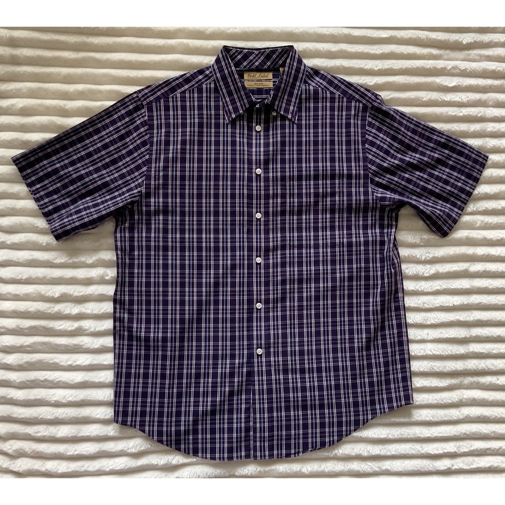 Roundtree & Yorke Gold Label Mens Purple Plaid Non-Iron Cotton Shirt Short Slv